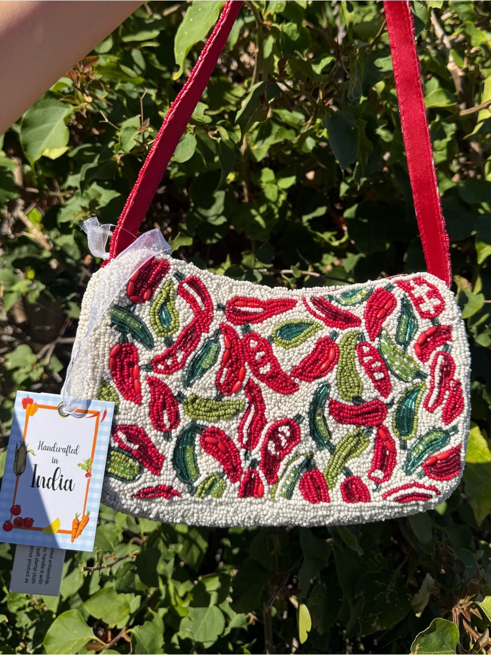 NWT Made in India Chili Chilis Red Pepper Red White Striped Beaded Shoulder Bag
